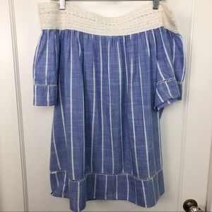 Stripe Chambray & Crochet Off Shoulder Blouse